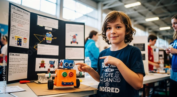 Fototapeta Young Inventor's Showcase: A child proudly presents a self-made robot at a science fair, highlighting innovation and the excitement of learning. 