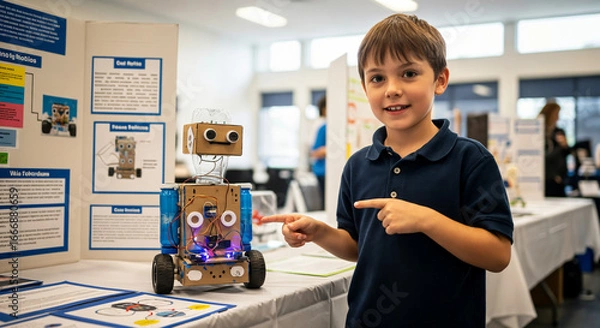 Fototapeta Young Inventor and His Robot: A young, bright inventor proudly presents his innovative robot creation at a school science fair, embodying curiosity and technological prowess.