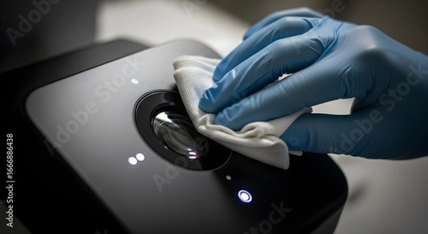Fototapeta A person wearing blue gloves sanitizes a black tech device with a white cloth to maintain cleanliness and hygiene during the day.