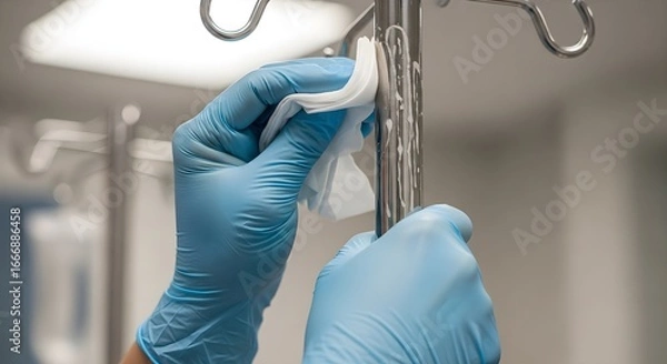 Fototapeta Gloved hands meticulously clean and disinfect a medical IV stand with a white wipe, emphasizing hygiene and infection control in a hospital setting.