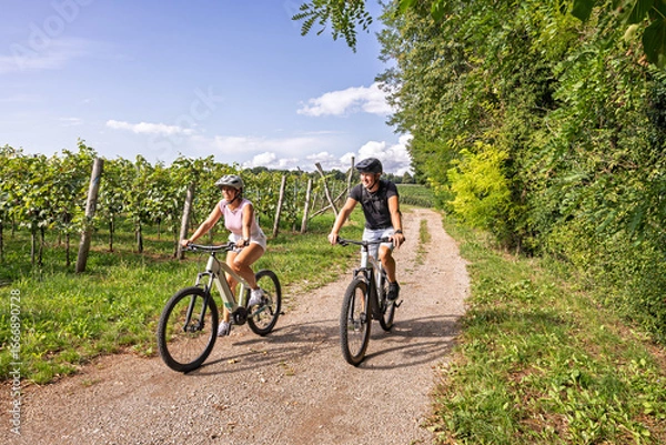 Obraz Couple riding e-bikes through vineyard path