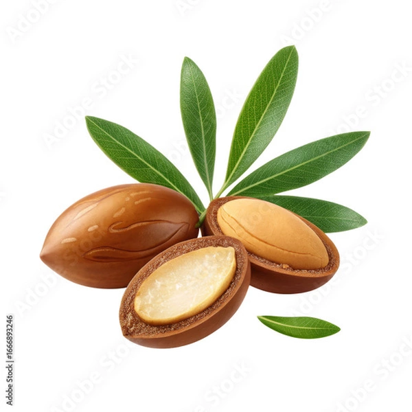 Fototapeta Argan Nut with Leaves High-Resolution 3D Render, Isolated on Transparent Background, Argan oil, natural, organic