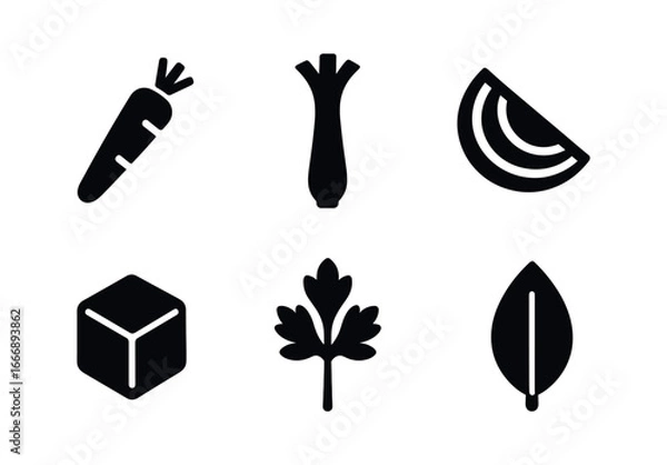 Obraz vector solid black filled icons soup ingredients set (vegetable mix): carrot stick celery rib onion wedge potato cube parsley sprig bay leaf.