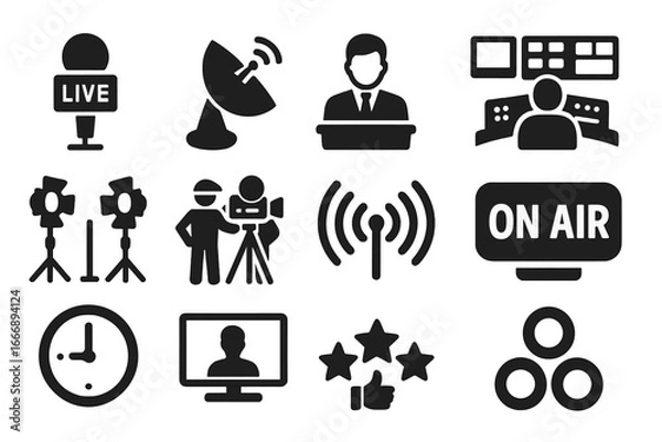 Obraz Broadcast Media Icons. Solid style icons of broadcast media: live mic icon, satellite dish, news anchor, control room, studio