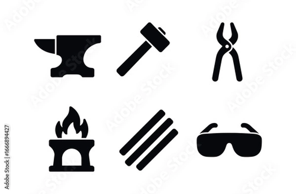 Fototapeta vector solid black filled icons craft training (metalwork): anvil hammer tongs forge metal rods safety goggles.