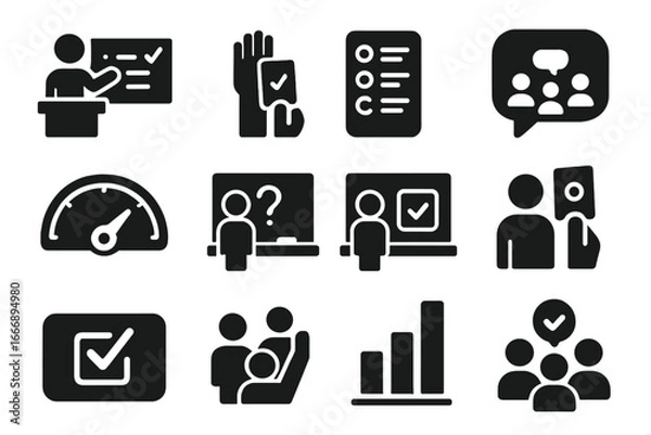 Obraz Classroom Poll Icons. Solid style icons of classroom polls: teacher poll board, student vote, quiz option icon, class feedback
