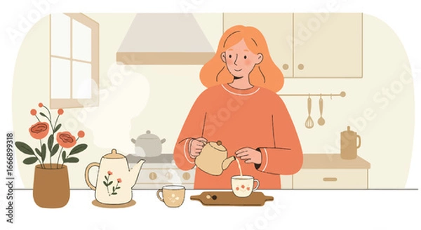 Obraz A vibrant 2D flat illustration depicts a person thoughtfully brewing hot tea, pouring from a modern teapot into elegant ceramic cups, evoking a sense of calm and a cozy, comforting ritual.