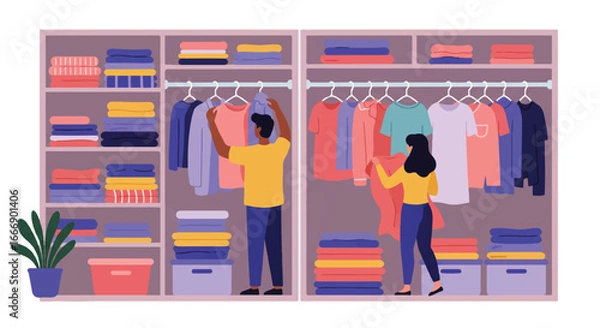 Obraz Flat vector illustration of a cheerful couple diligently organizing their wardrobe, neatly folding clothes and arranging hangers in a bright, modern home setting.