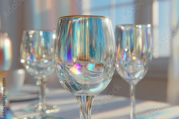 Fototapeta Sparkling clear wine glasses displaying vibrant iridescent light patterns.
