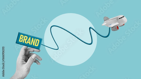 Fototapeta Business branding campaign success and start-up launching. Airplane flying with brand tag with copy space for the text or logo. Brand Building
