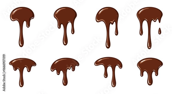 Fototapeta Chocolate drips: a set of eight different chocolate sauce drips on a white background.