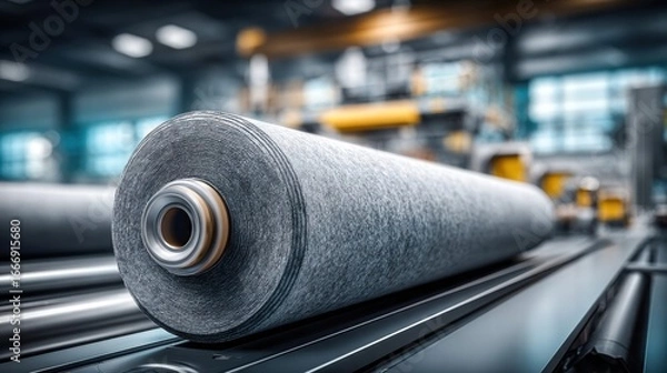 Fototapeta A large industrial roll of material sits on a factory conveyor system, ready for processing.