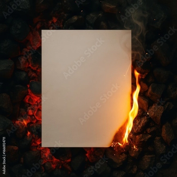 Fototapeta Paper Mockup with Burning Right Edge Flame on Charcoal – Realistic A4 Template