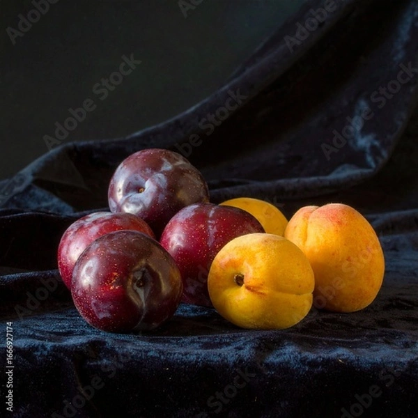 Obraz Generated image Still Life with Plums and Peaches on Dark Velvet 