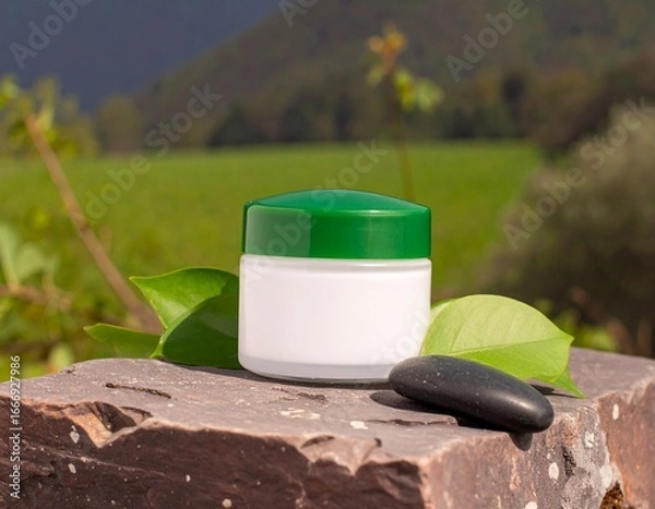 Obraz Generated image Sustainable Cosmetic Cream Jar with Green Accents and Stones 