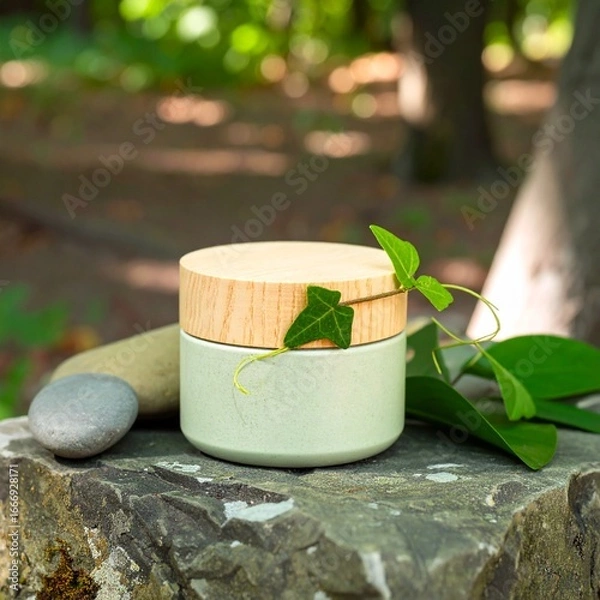 Obraz Generated image Sustainable Cosmetic Cream Jar with Green Accents and Stones 