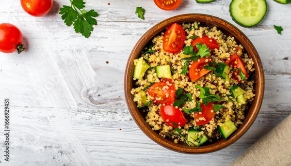 Obraz Generated image Vibrant Flatlay of a Healthy Quinoa Salad with Tomatoes and Cucumber