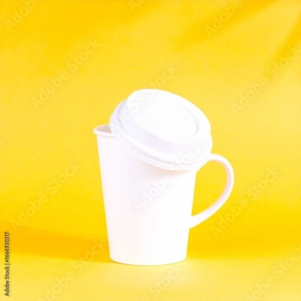Obraz Generated image White Coffee Cup Mockup with Lid on Yellow Background