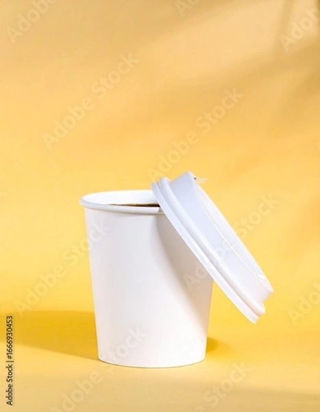 Obraz Generated image White Coffee Cup Mockup with Lid on Yellow Background