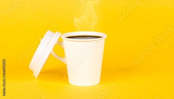 Obraz Generated image White Coffee Cup Mockup with Lid on Yellow Background
