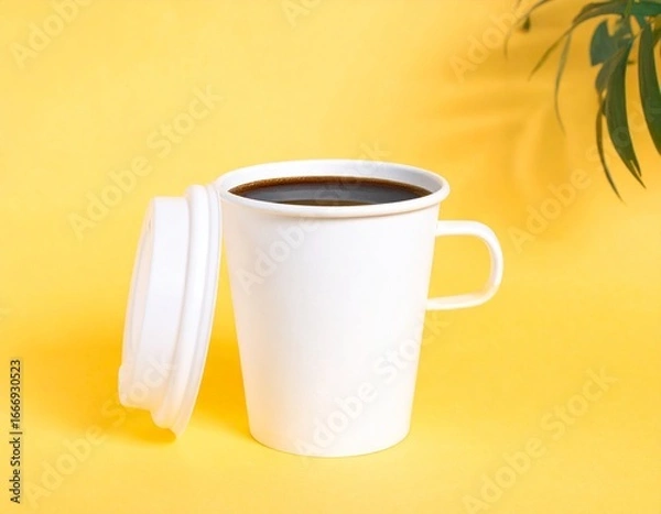 Obraz Generated image White Coffee Cup Mockup with Lid on Yellow Background