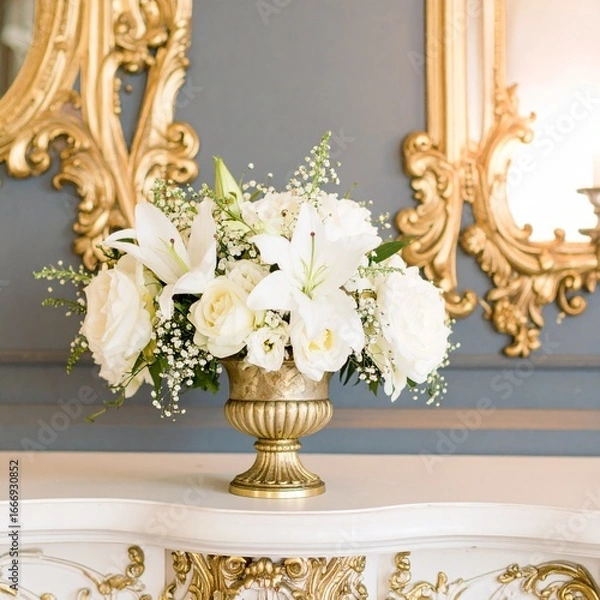 Obraz Generated image White Flowers in Vase on Mantelpiece with Baroque Scrollwork