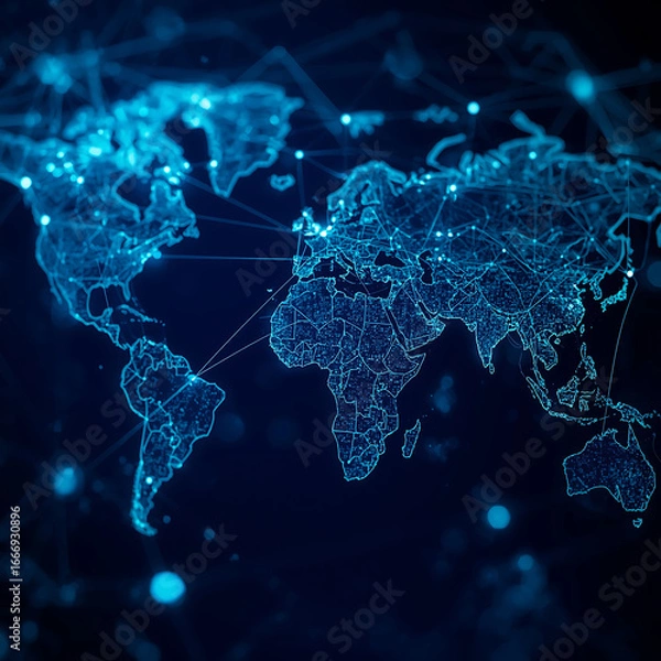 Fototapeta Cyber technology concept of connected world map with illuminated digital pathways.