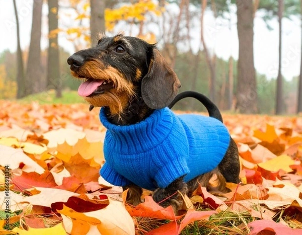 Obraz Generated image Wirehaired Dachshund in Blue Sweater Amidst Autumn Leaves 