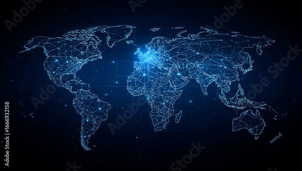 Fototapeta Abstract futuristic world map design representing global data and digital communication.
