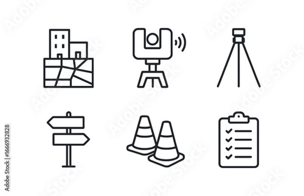 Fototapeta vector outline icons topographer (urban mapping): city block laser scanner tripod street signs traffic cones clipboard.