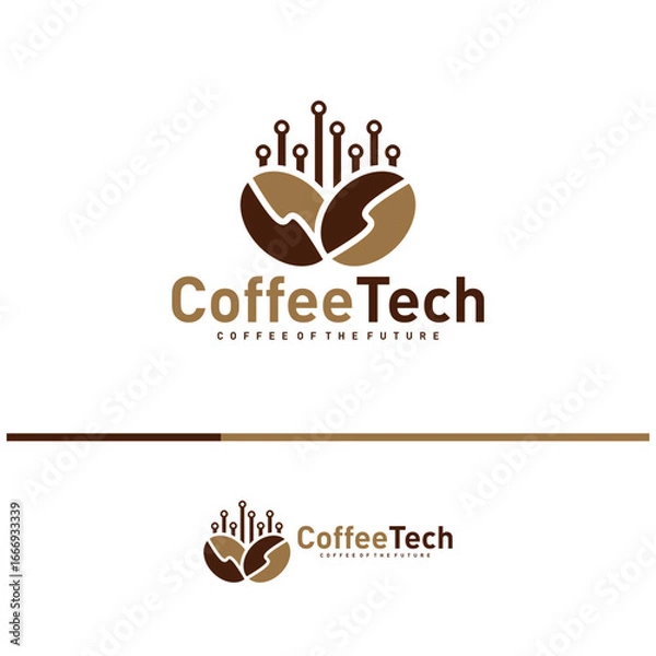 Obraz Coffee bean logo with data connection. Creative coffee tech logo template vector illustration
