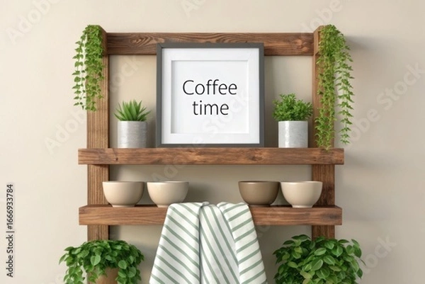 Obraz Rustic wooden shelf with framed coffee time art and potted plants image