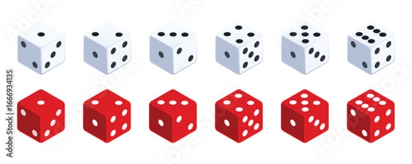 Obraz Set of dices. White and Red 3d dice icon vector set. Six faces of game die from one to six on white background. 