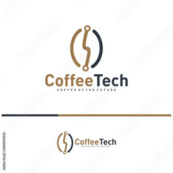 Obraz Coffee bean logo with data connection. Creative coffee tech logo template vector illustration