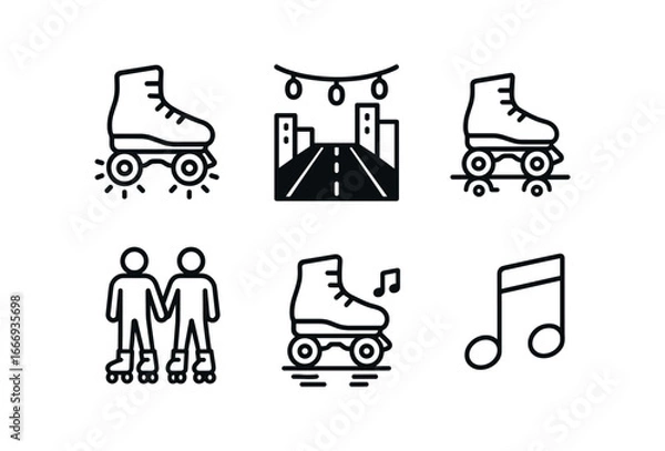 Fototapeta vector outline icons roller skating (night glow): glowing wheels dark street string lights reflection friends music.