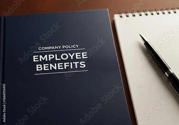 Fototapeta Employee benefits company policy document notebook and pen on a wooden desk workplace concept