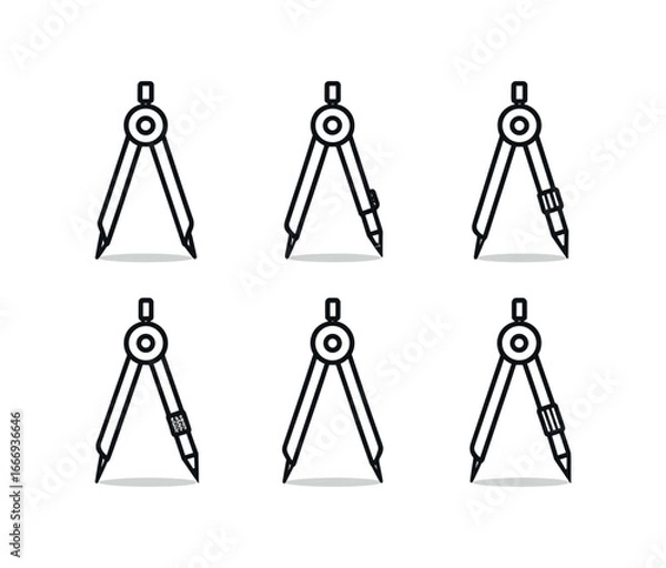 Fototapeta vector outline icons drawing compass (close up): sharp points hinge screw pencil insert knurled grip shadow white paper.