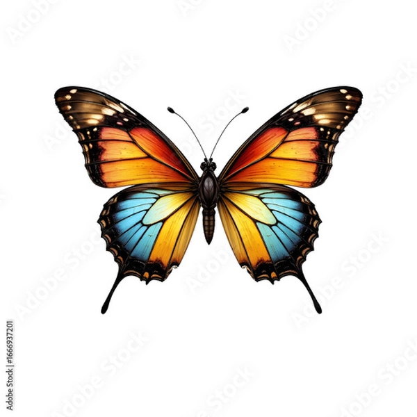 Obraz Colorful Butterfly with Vibrant Orange, Blue, and Yellow Wings on White Background
