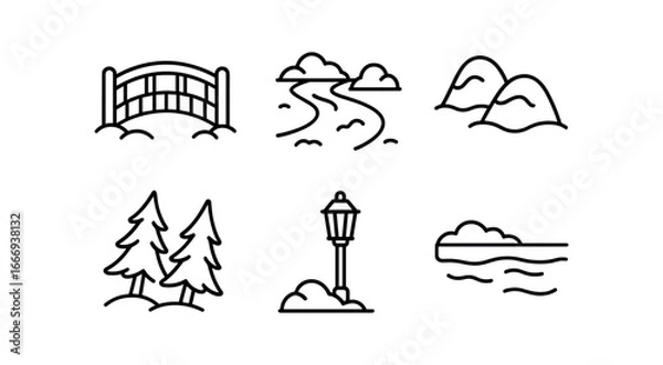 Fototapeta vector outline icons snow dusted forest (footbridge): wooden bridge icy stream snow piles leaning pines lantern bank.