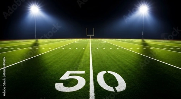 Fototapeta American Football Field at Night Illuminated by Powerful Stadium Lights, Highlighting the 50-Yard Line and Goalpost, Ready for Play