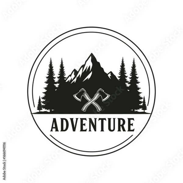 Obraz Mountain, forest, and axe emblem. Adventure awaits!