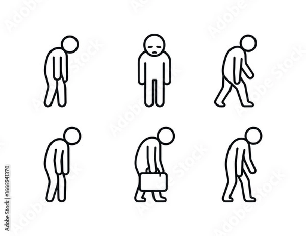 Fototapeta vector outline icons weariness (body language): slumped shoulders drooping eyes slow steps head down heavy bag tired stance.
