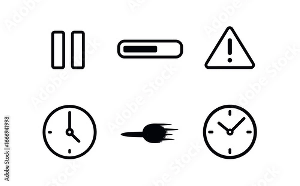 Fototapeta vector outline icons time tracking tool (idle detection): pause icon timer bar warning triangle clock face shadow smear highlight rim.