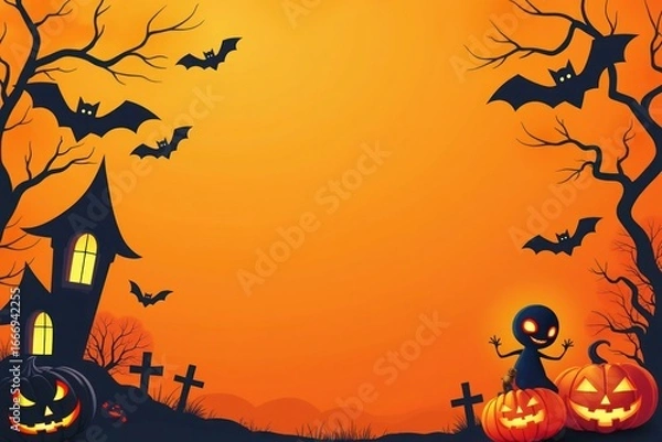Fototapeta Halloween background with pumpkins and a haunted house. Halloween background with Evil Pumpkin. Spooky scary dark night forest. Holiday event halloween banner background concept