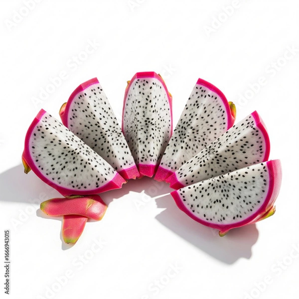 Fototapeta Peeled Dragon Fruit Wedges Arranged Neatly on a White Background