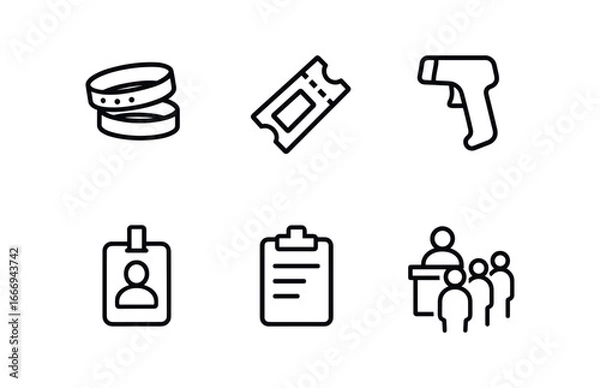 Fototapeta vector outline icons ticket agent (event counter): wristbands printed tickets scanner device badge clipboard customer queue.