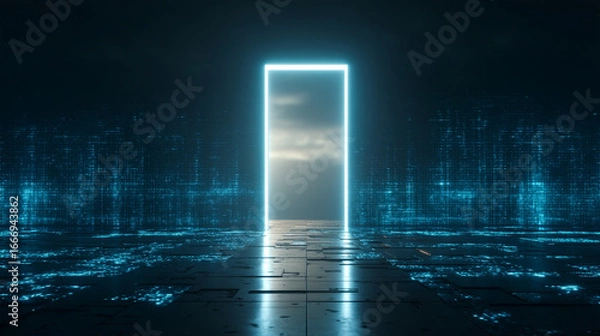 Fototapeta A futuristic glowing portal with a path leading to a bright sky in a dark abstract world