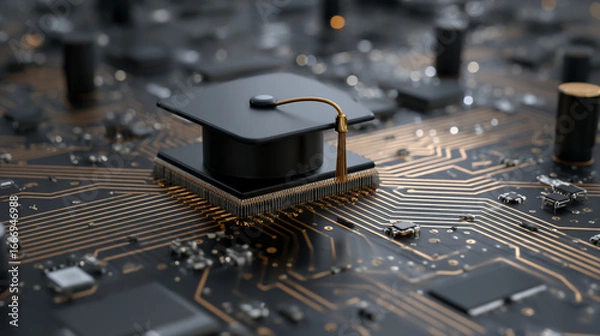 Fototapeta Graduation cap on a microchip representing education in technology and artificial intelligence field