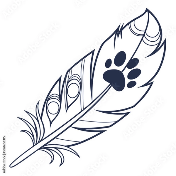 Fototapeta Elegant feather with dog paw print line art design for pet lovers