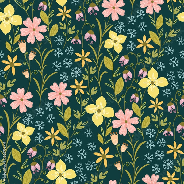 Obraz Yellow pink Flowers With Small Snow flakes Pattern